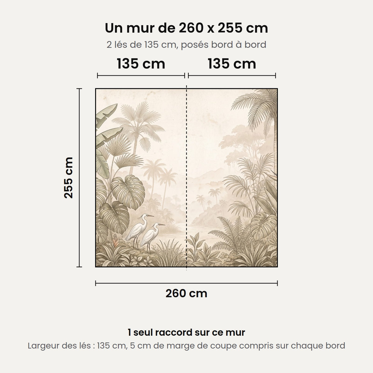 Schéma : un mur de 260 x 255 cm posé en 2 lés de 135 cm, 1 seul raccord