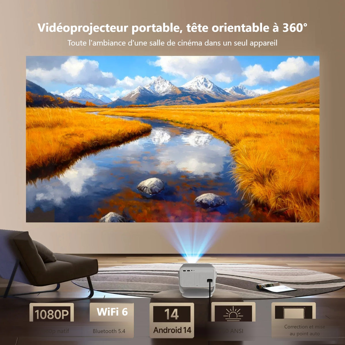 Vidéoprojecteur portable à tête orientable 360°, projection sur un mur de salon