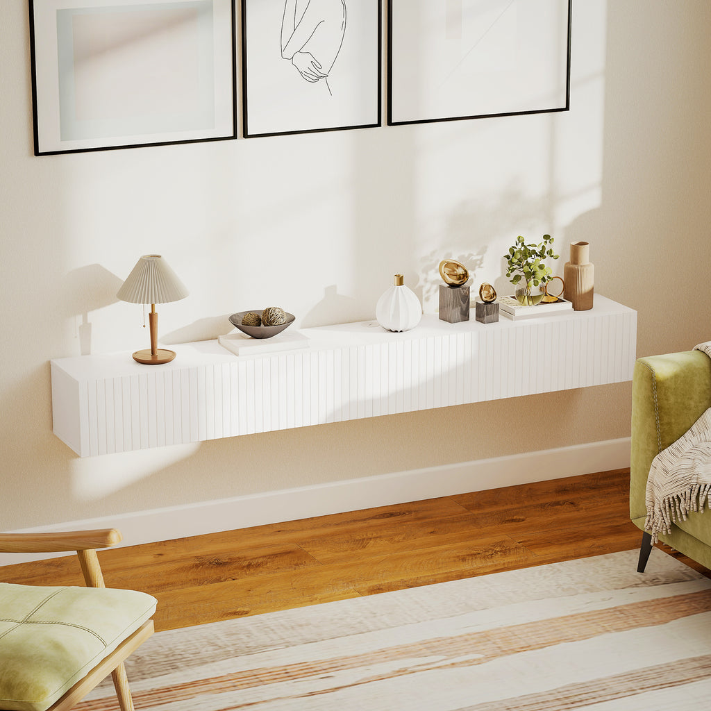 Meuble TV suspendu 180 cm blanc cannelé