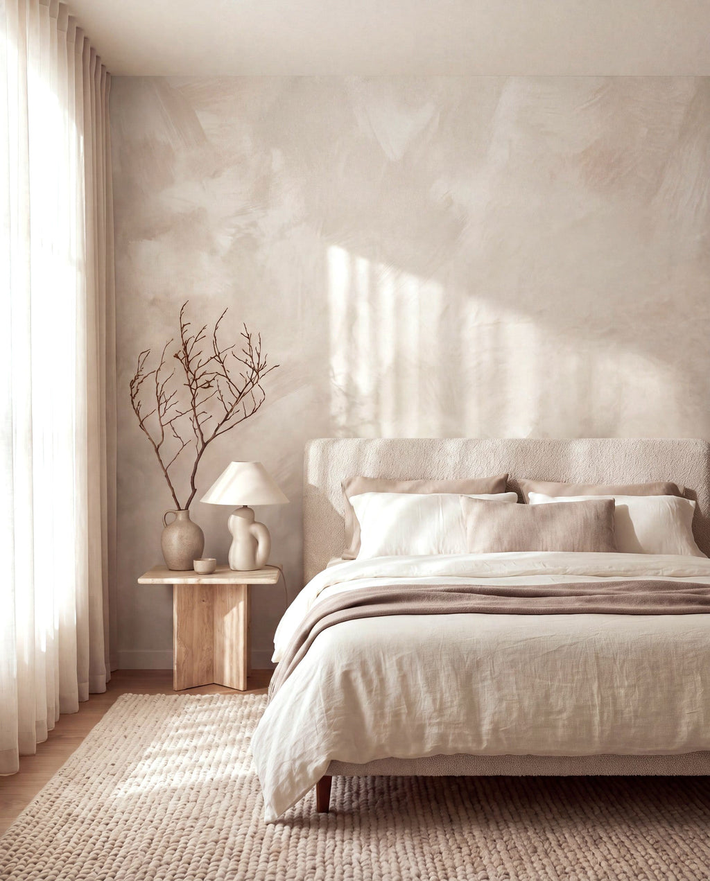 Papier peint panoramique Matière minérale beige dans une chambre, mise en situation