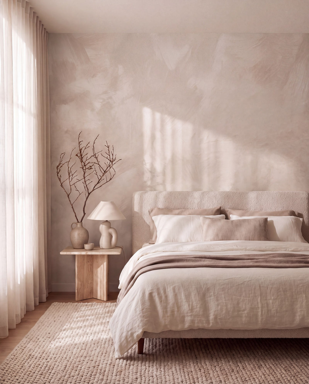 Papier peint panoramique Matière minérale beige dans une chambre, mise en situation