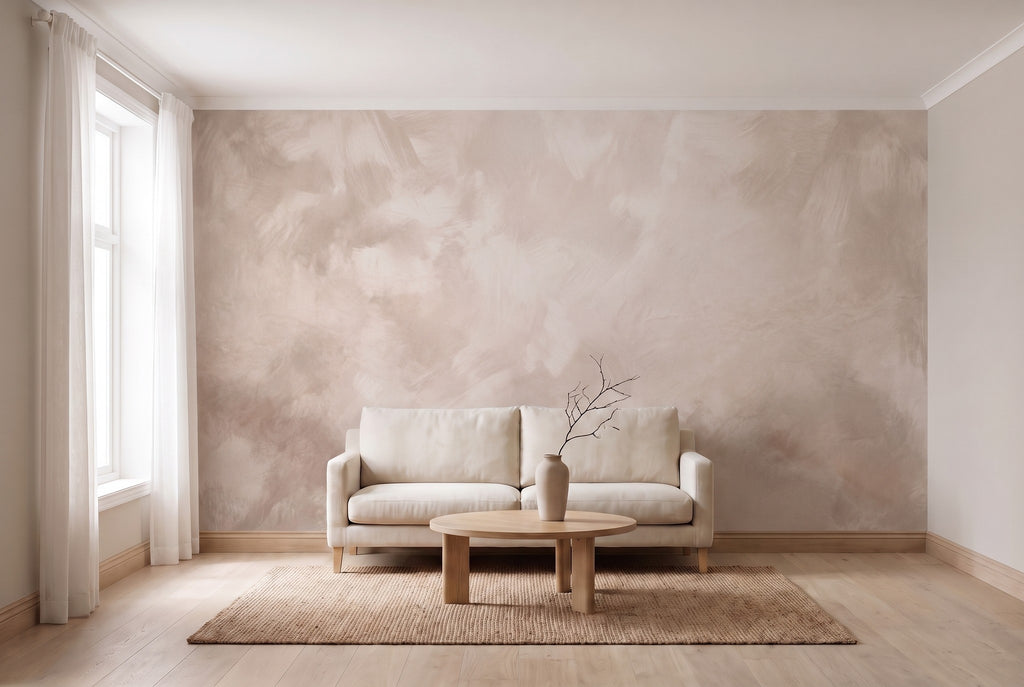 Papier peint panoramique Matière minérale beige posé sur tout le mur d'un salon, vue de la pièce entière