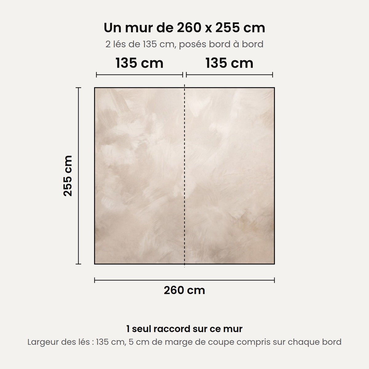 Schéma : un mur de 260 x 255 cm posé en 2 lés de 135 cm, 1 seul raccord