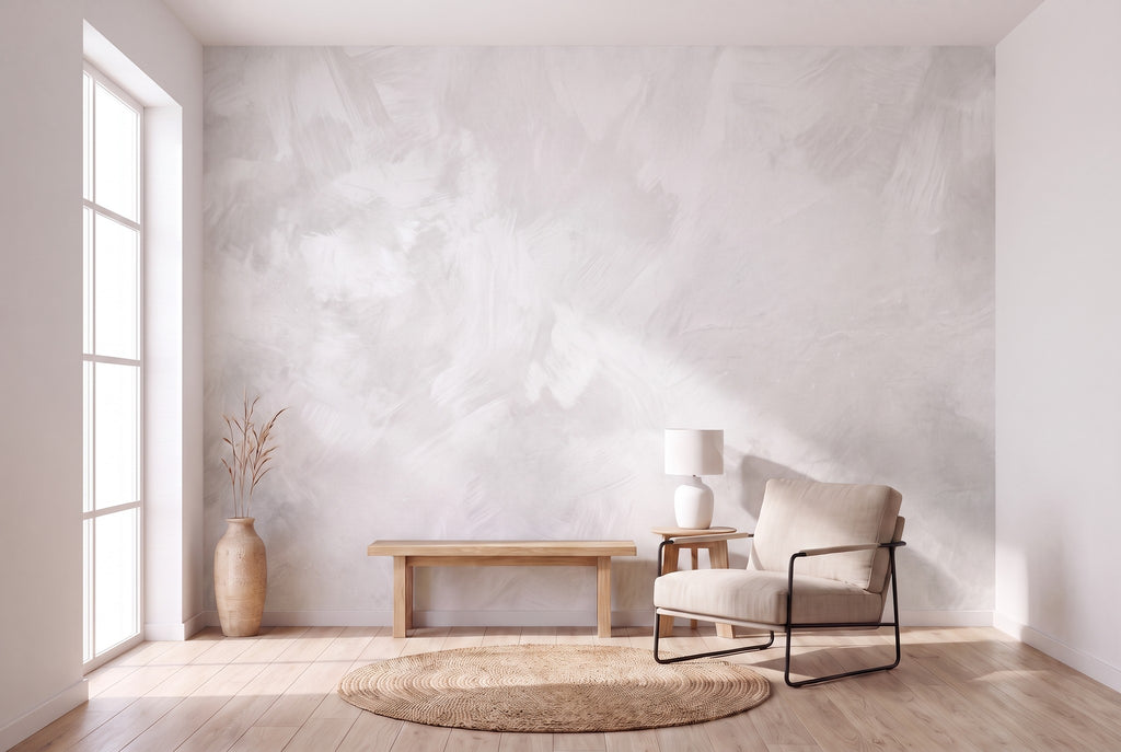 Papier peint panoramique Matière minérale blanc chaux posé sur tout le mur d'une entrée, vue de la pièce entière