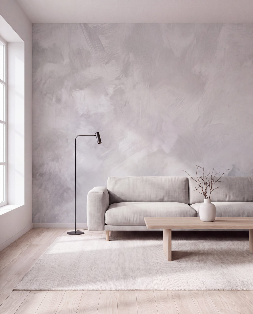Papier peint panoramique Matière minérale gris perle dans un salon contemporain, mise en situation