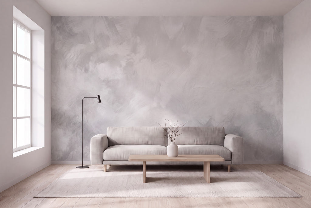 Papier peint panoramique Matière minérale gris perle posé sur tout le mur d'un salon, vue de la pièce entière