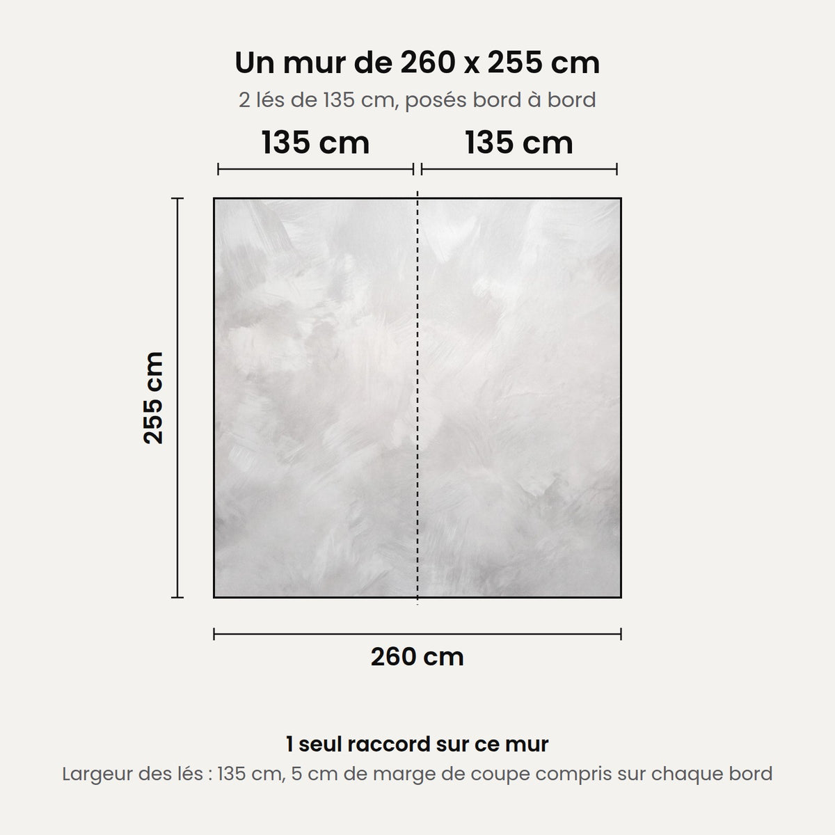Schéma : un mur de 260 x 255 cm posé en 2 lés de 135 cm, 1 seul raccord