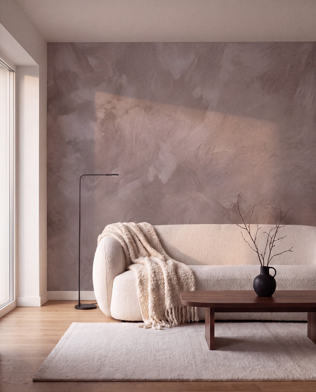 Papier peint panoramique Matière minérale taupe dans un salon, mise en situation