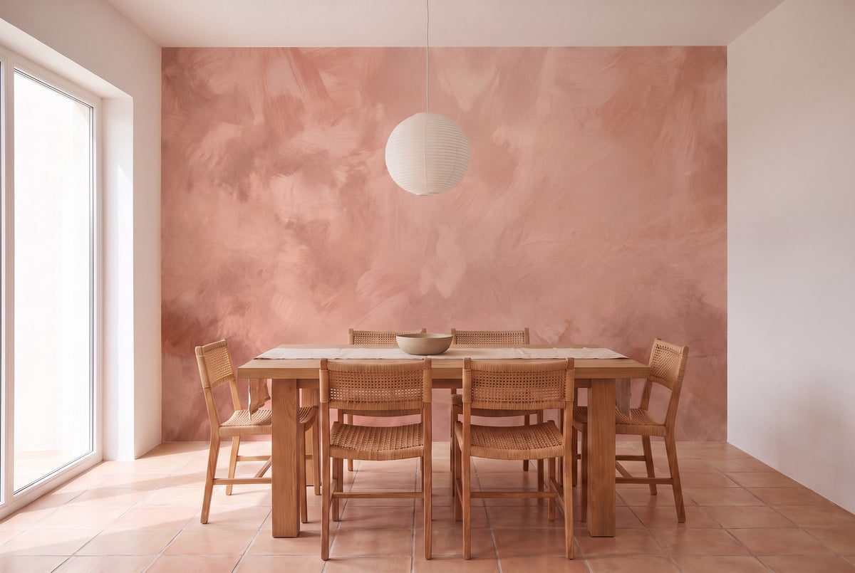Papier peint panoramique Matière minérale terracotta posé sur tout le mur d'une salle à manger, vue de la pièce entière