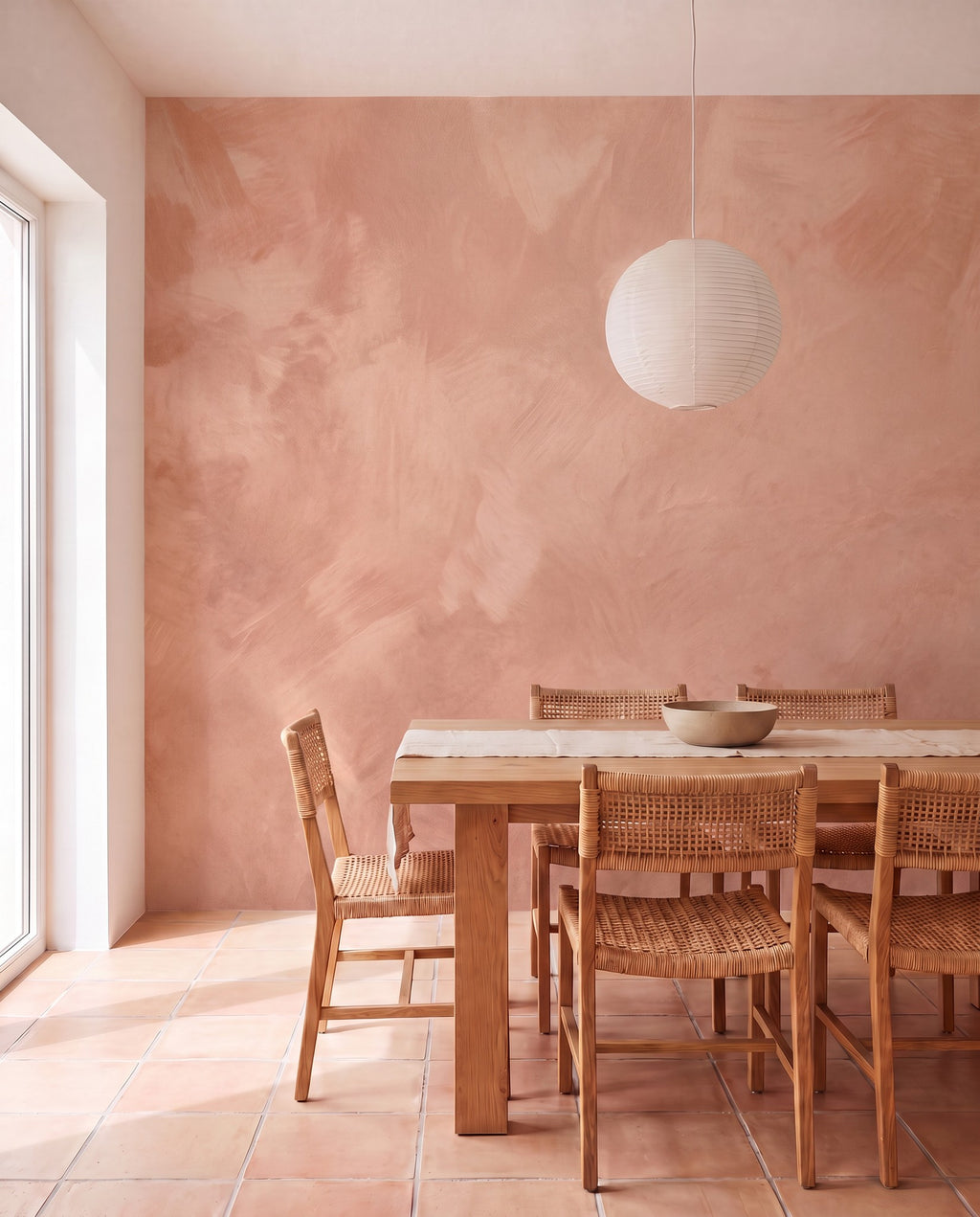 Papier peint Matière minérale terracotta vu de côté d'une salle à manger, le dessin continu d'un lé à l'autre