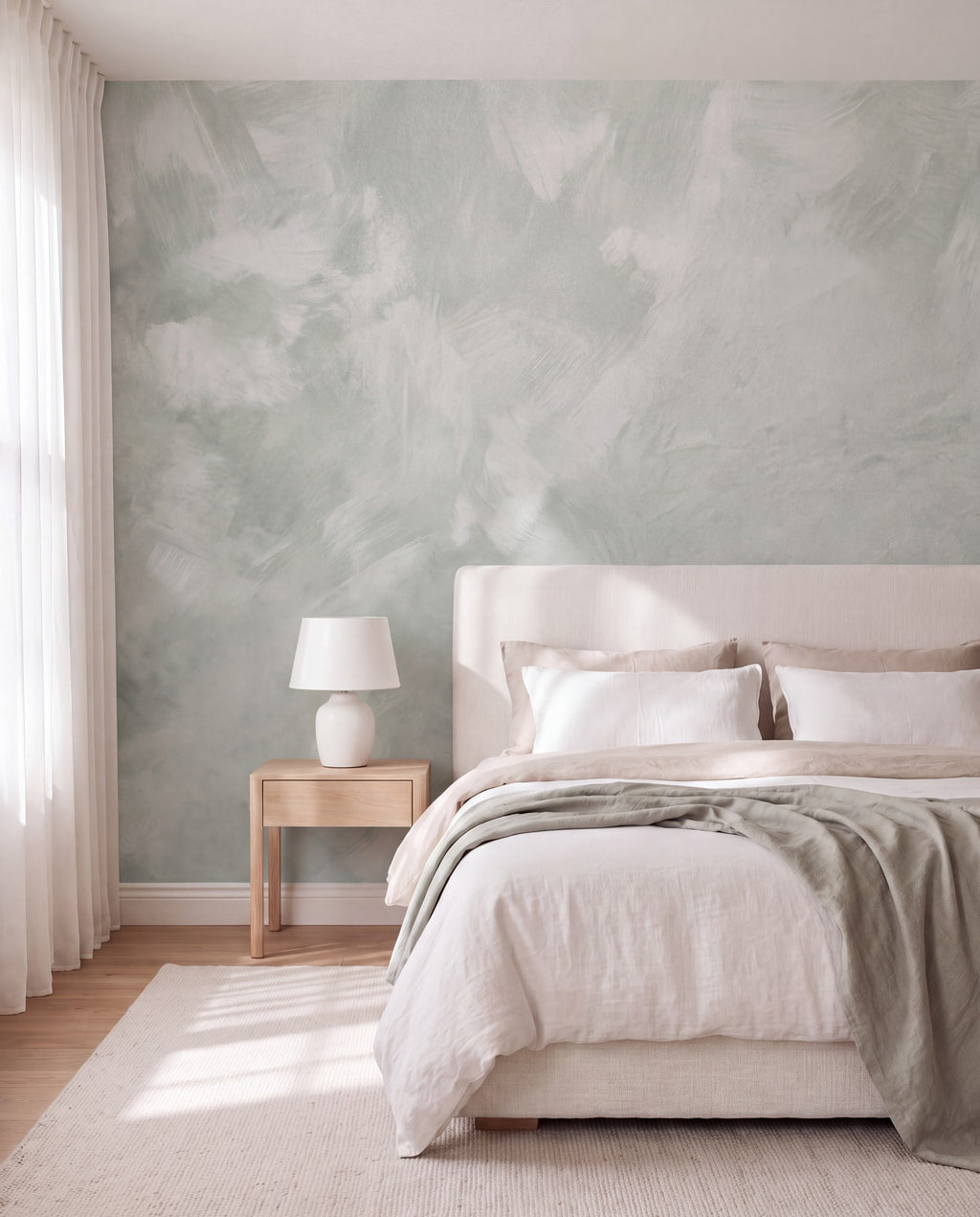 Papier peint panoramique Matière minérale vert sauge dans une chambre, mise en situation
