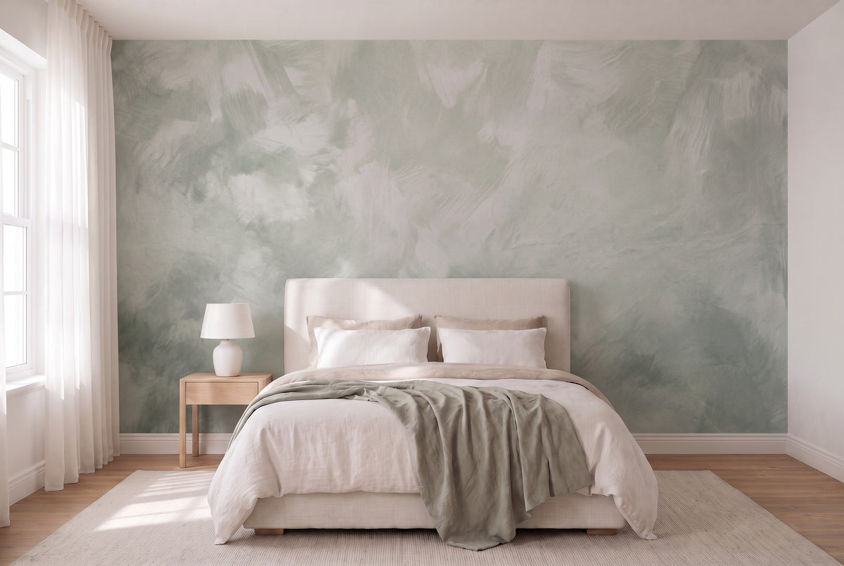 Papier peint panoramique Matière minérale vert sauge posé sur tout le mur d'une chambre, vue de la pièce entière