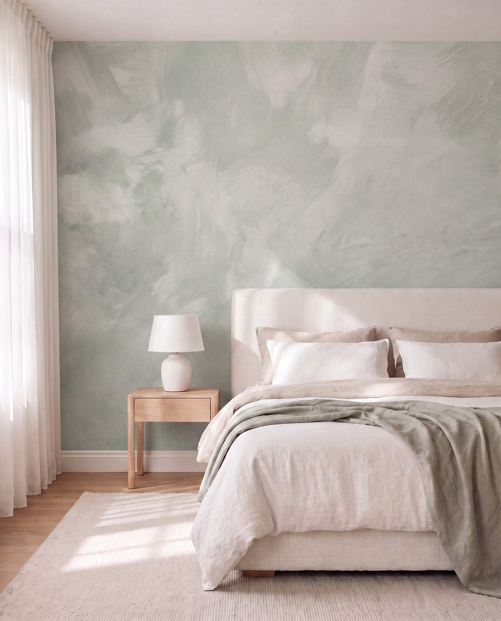 Papier peint Matière minérale vert sauge vu de côté d'une chambre, le dessin continu d'un lé à l'autre