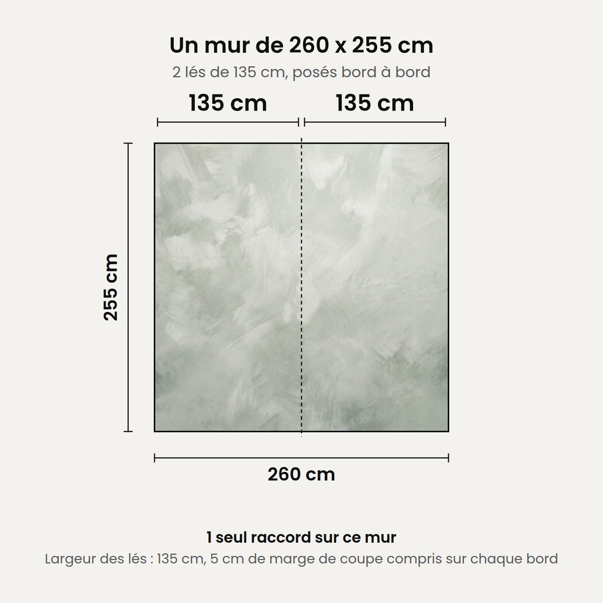 Schéma : un mur de 260 x 255 cm posé en 2 lés de 135 cm, 1 seul raccord