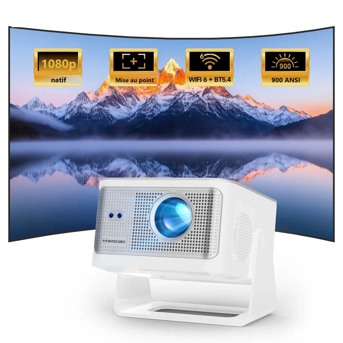 Vidéoprojecteur HY350 Max devant une image projetée, 1080p natif et 900 ANSI