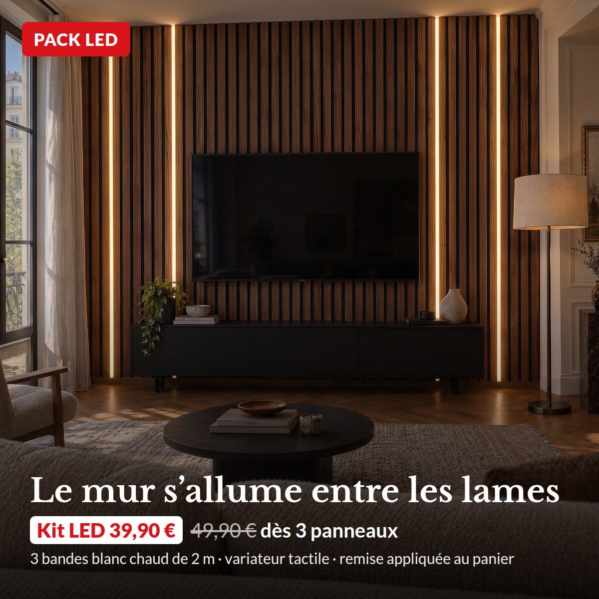 Pack LED : le kit LED à 39,90 € au lieu de 49,90 € dès 3 panneaux, mur de lames noyer éclairé le soir