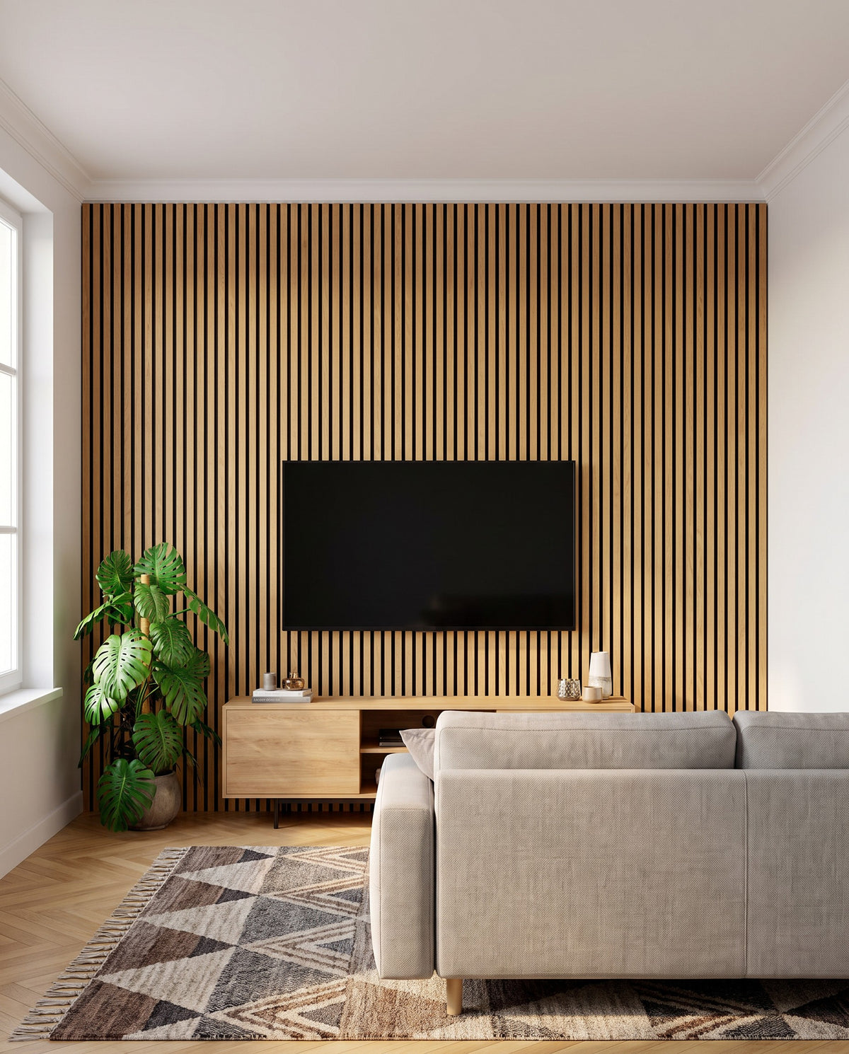 Le même salon après la pose : mur de la télévision habillé de panneaux à lames plaquées chêne sur feutre noir, du sol au plafond