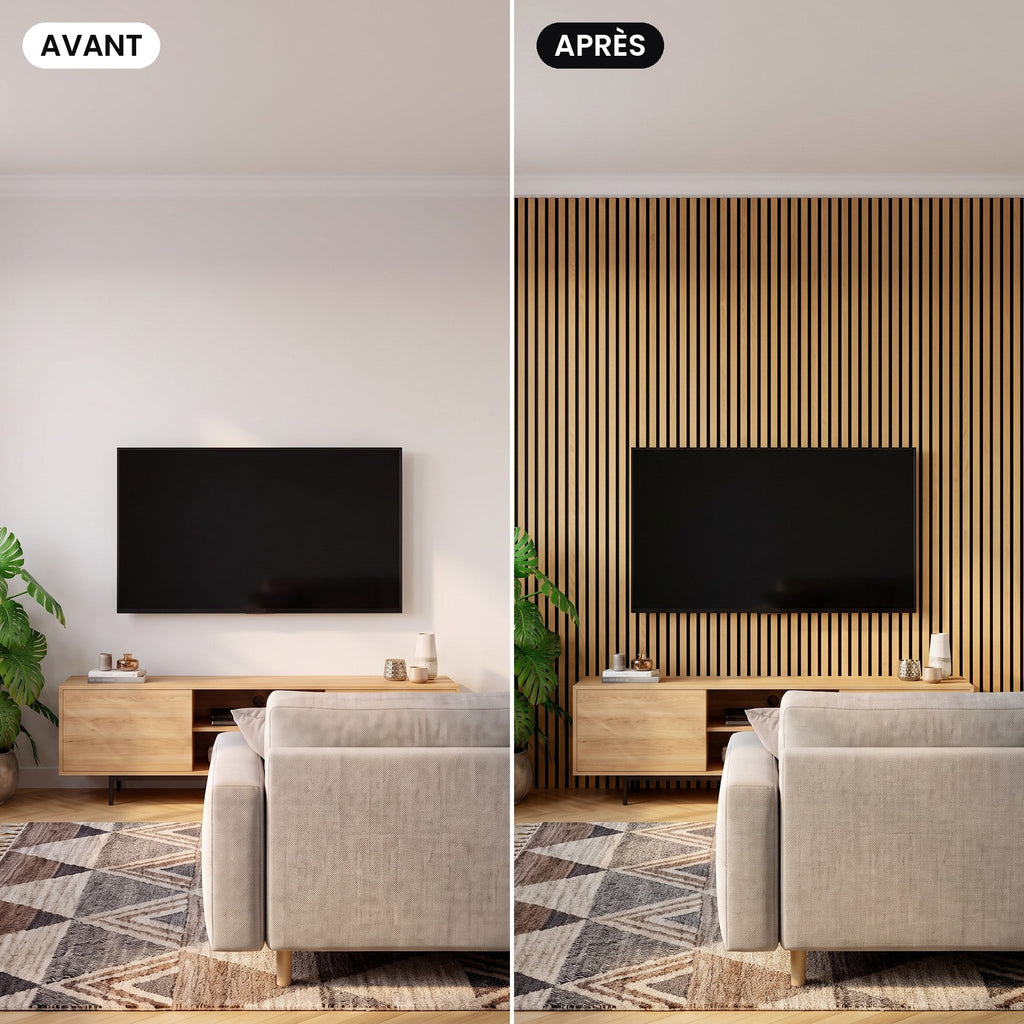 Avant, après : le même salon, mur TV habillé de panneaux à lames finition chêne