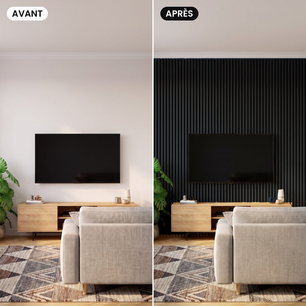 Avant, après : le même salon, mur TV habillé de panneaux à lames chêne teinté noir
