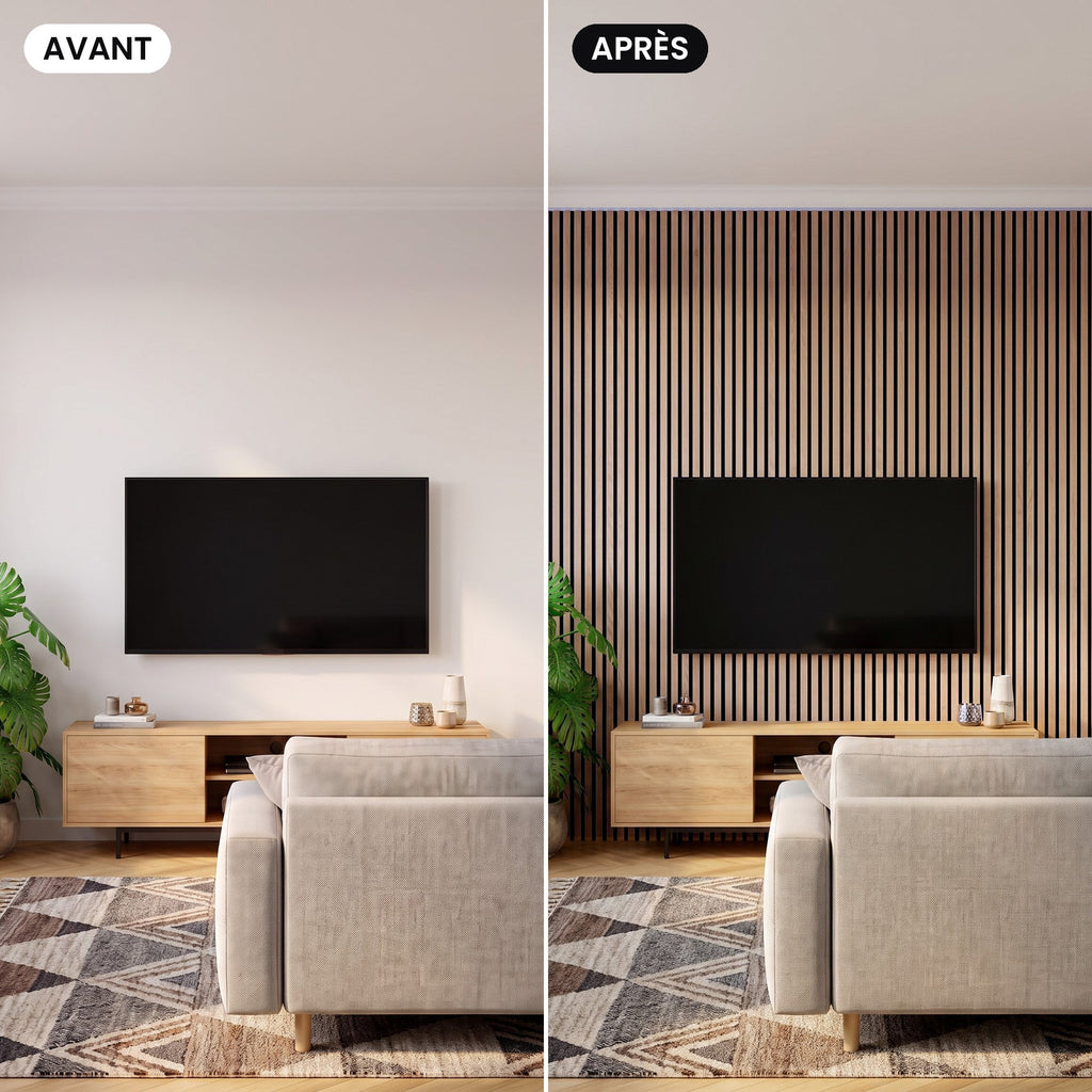 Avant, après : le même salon, mur TV habillé de panneaux à lames noyer
