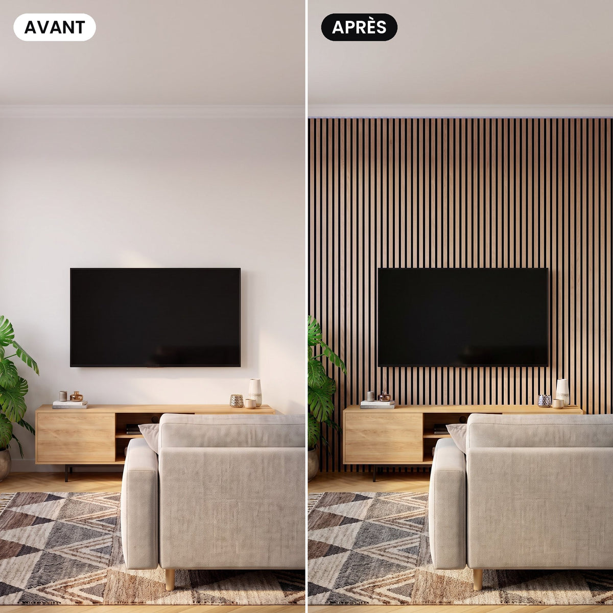 Avant, après : le même salon, mur TV habillé de panneaux à lames noyer
