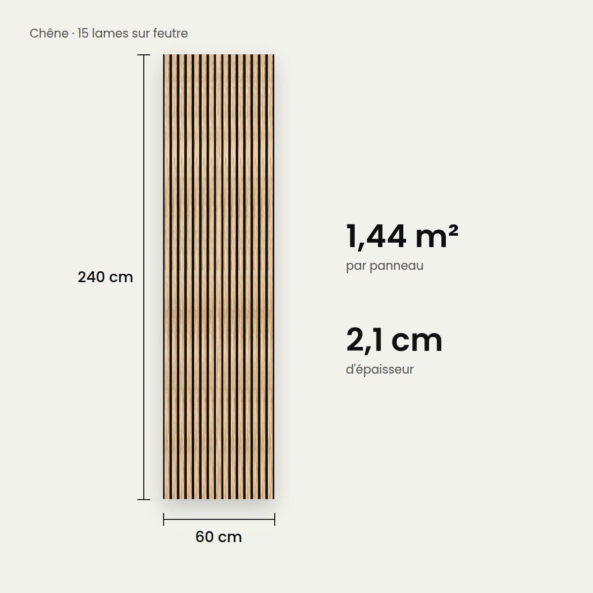 Dimensions du panneau chêne : 240 cm de haut, 60 cm de large, 2,1 cm d'épaisseur, 1,44 m²