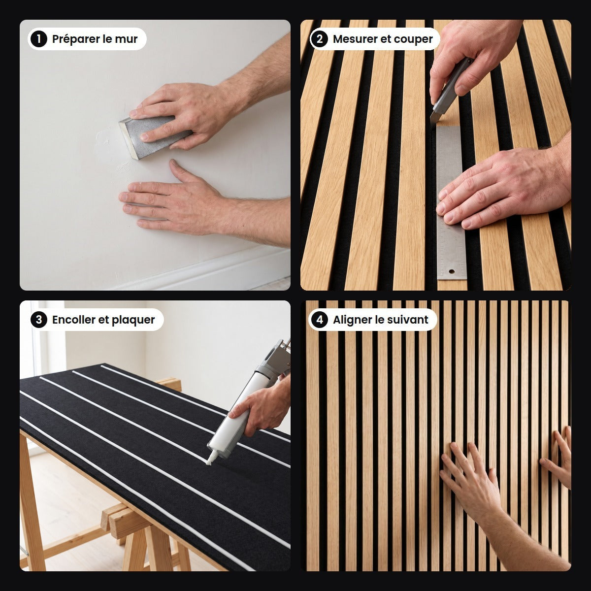 Pose du panneau en 4 étapes : préparer le mur, mesurer et couper, encoller et plaquer, aligner le suivant