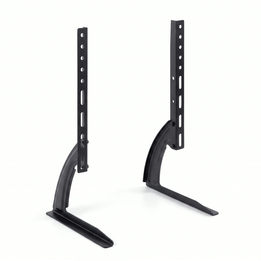 Socle de table universel pour TV, deux pieds en acier noir avec montants VESA, sur fond blanc