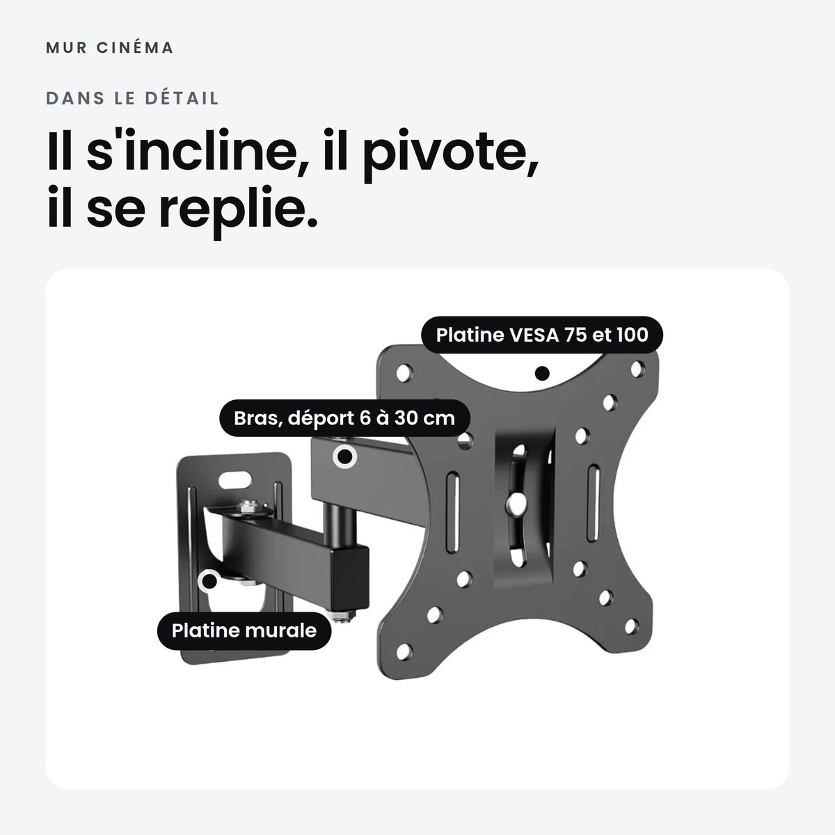 Visuel Mur Cinéma : platine murale, bras avec déport de 6 à 30 cm, platine VESA 75 et 100