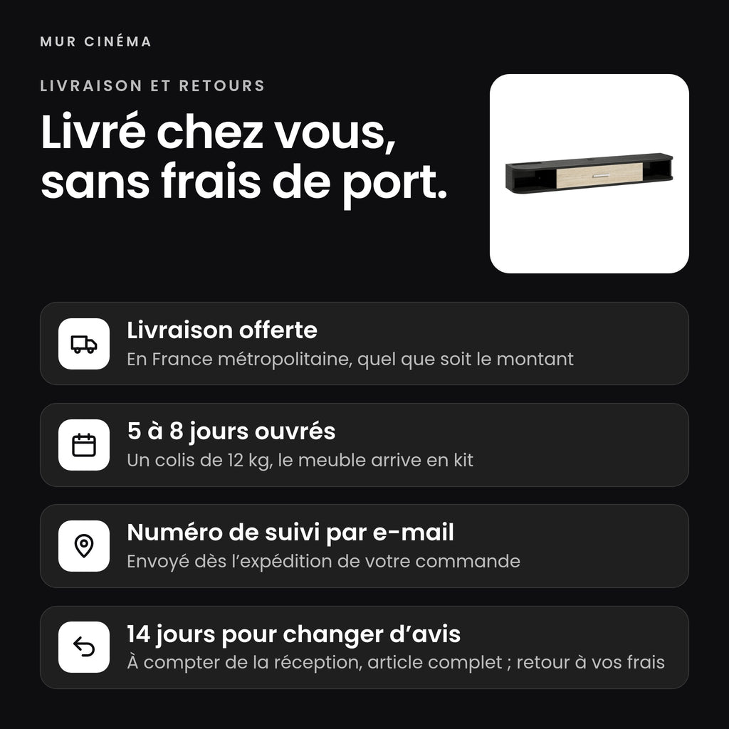 Visuel Mur Cinéma : livraison offerte en France métropolitaine, 5 à 8 jours ouvrés, un colis de 12 kg, 14 jours pour changer d'avis