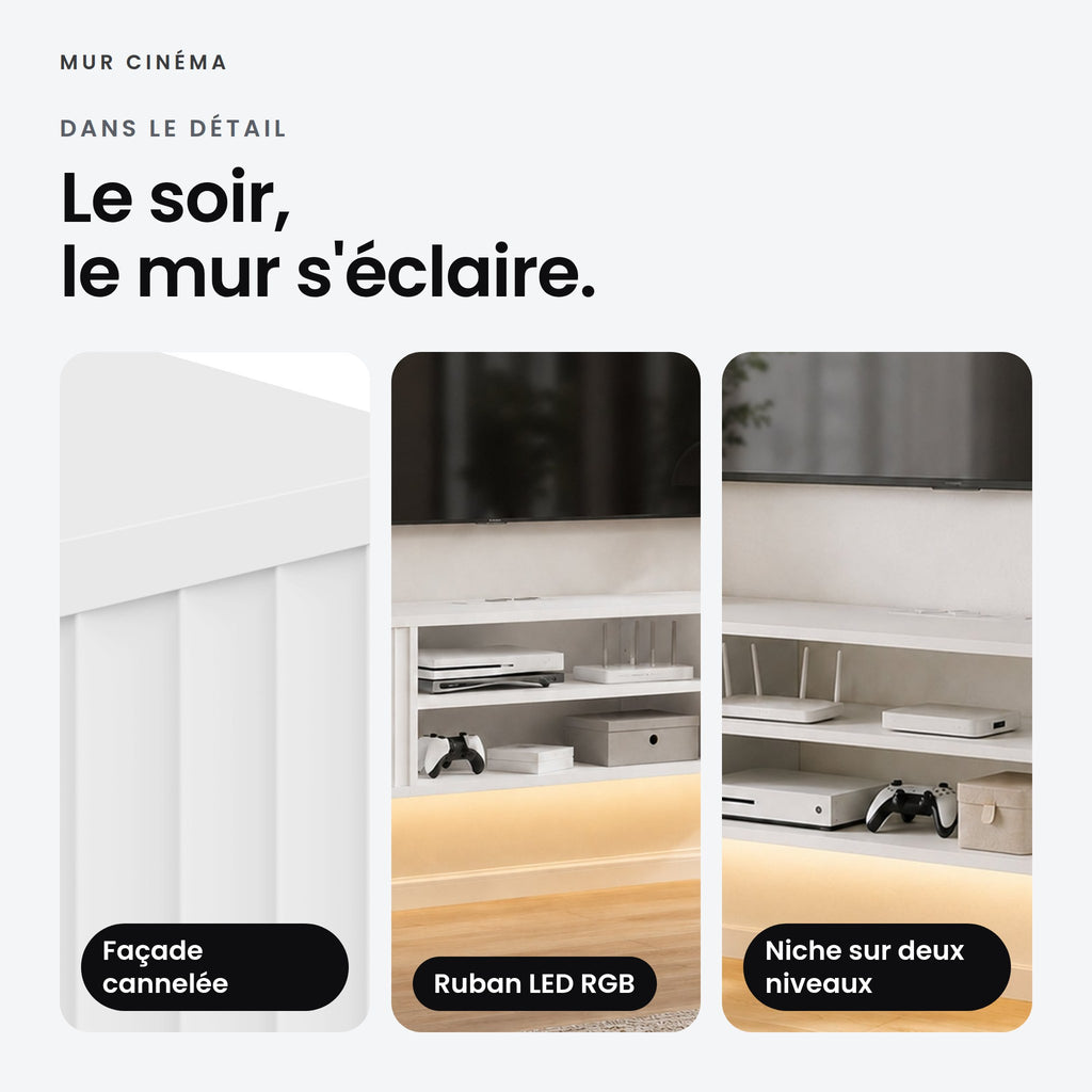 Visuel Mur Cinéma : façade cannelée, ruban LED RGB, niche sur deux niveaux