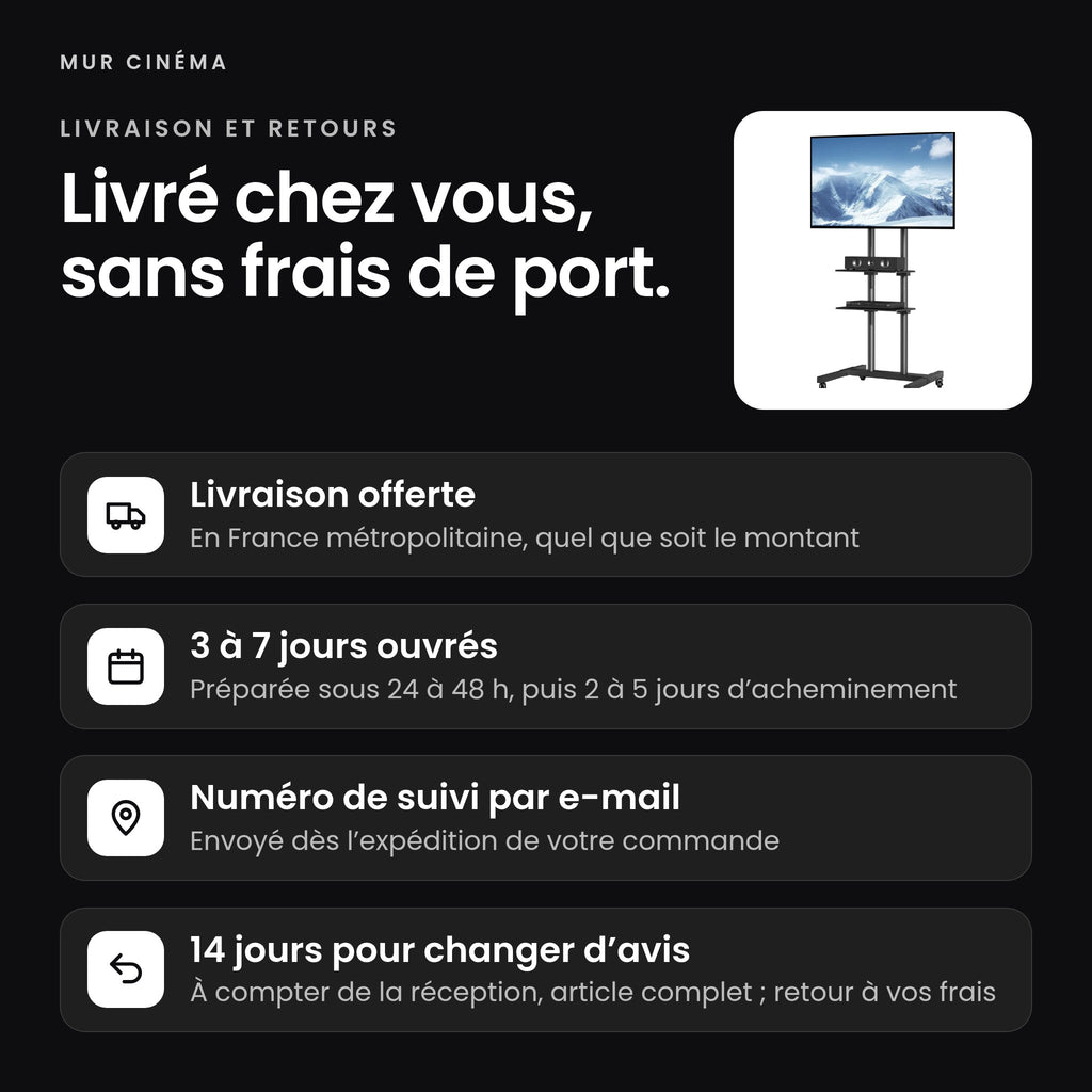 Visuel Mur Cinéma : livraison offerte en France métropolitaine, 3 à 7 jours ouvrés, suivi par e-mail, 14 jours pour changer d'avis