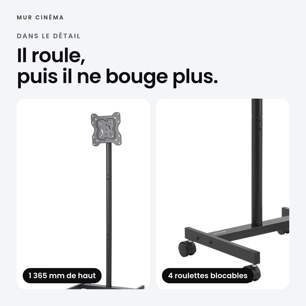 Visuel Mur Cinéma : colonne de 1 365 mm de haut, quatre roulettes blocables