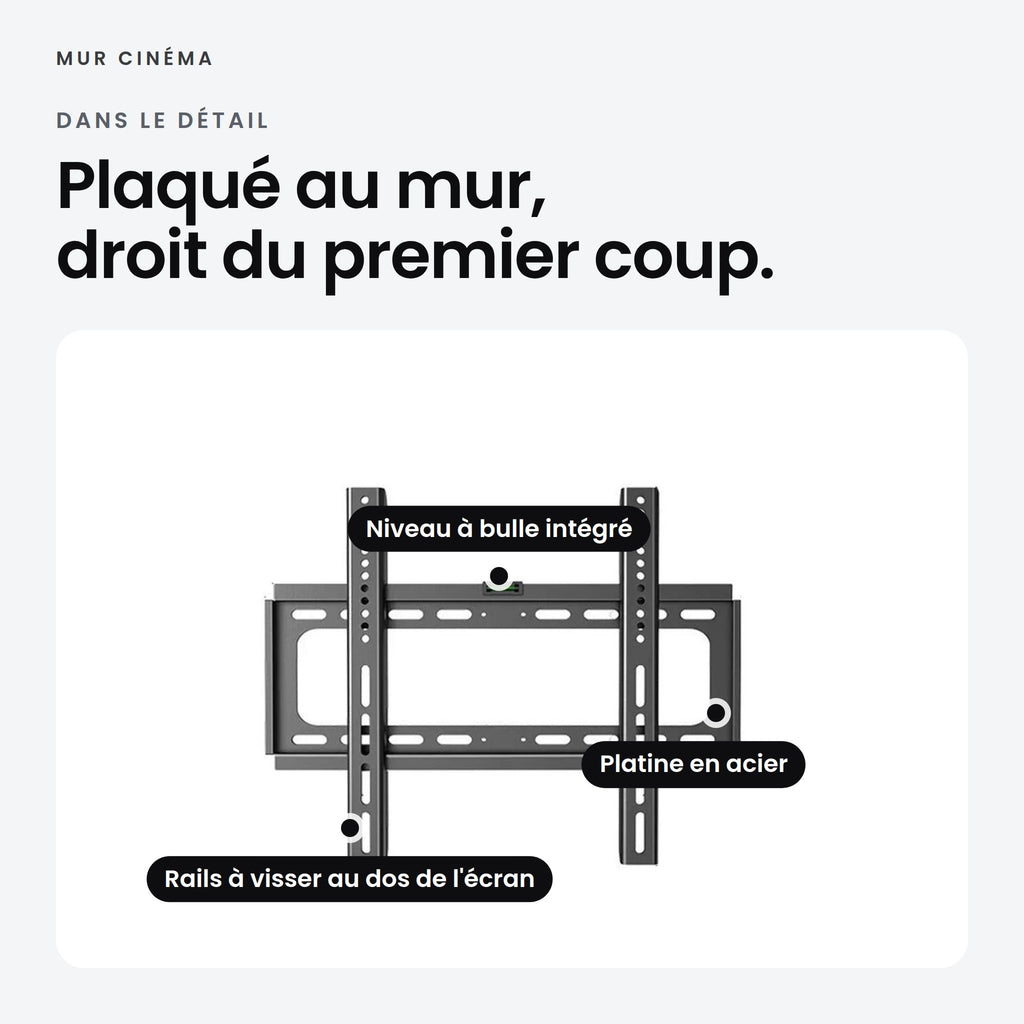 Visuel Mur Cinéma : niveau à bulle intégré, rails à visser au dos de l'écran, platine en acier