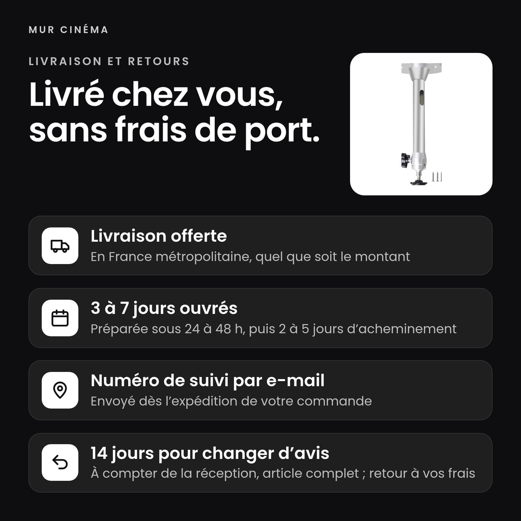 Visuel Mur Cinéma : livraison offerte en France métropolitaine, 3 à 7 jours ouvrés, suivi par e-mail, 14 jours pour changer d'avis