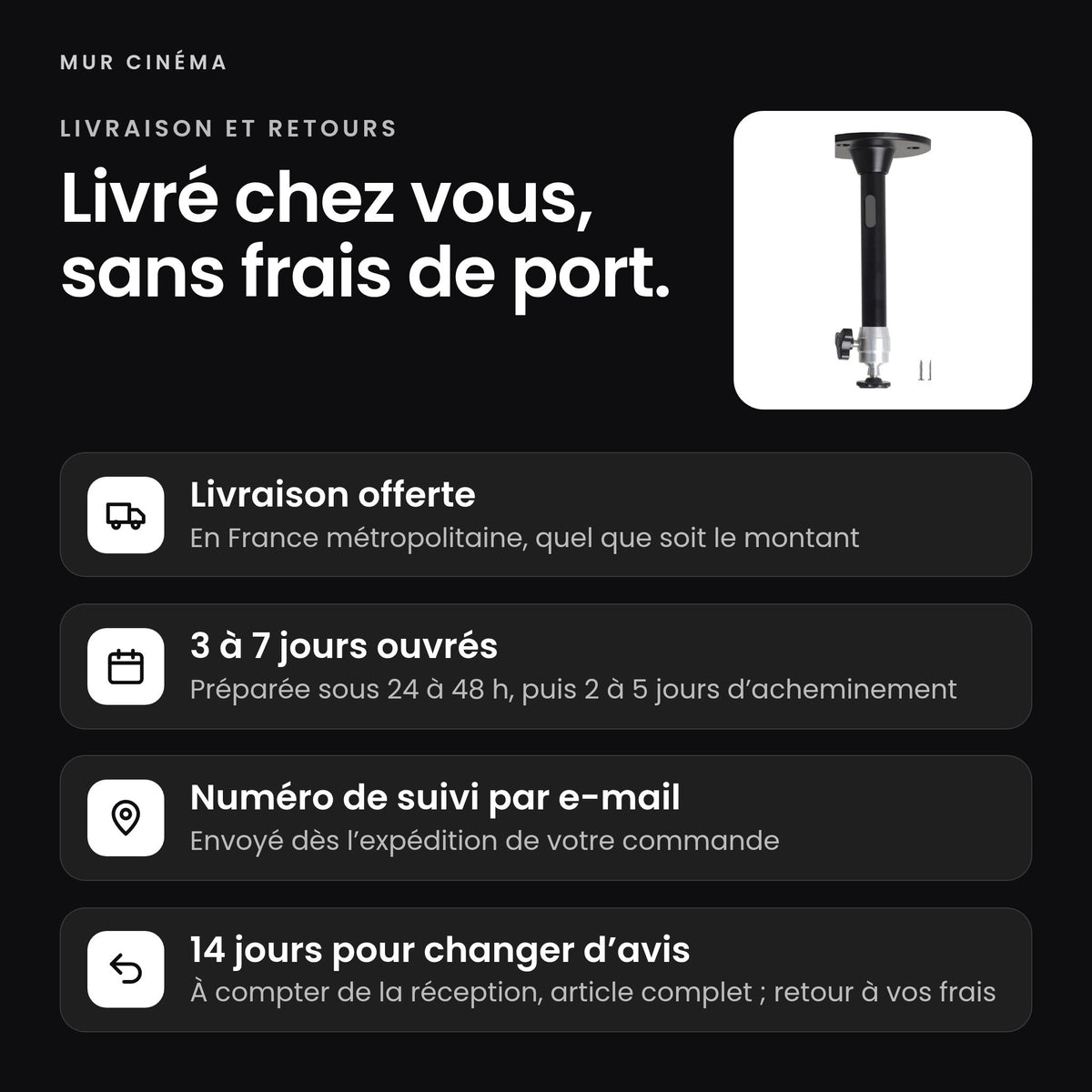 Visuel Mur Cinéma : livraison offerte en France métropolitaine, 3 à 7 jours ouvrés, suivi par e-mail, 14 jours pour changer d'avis