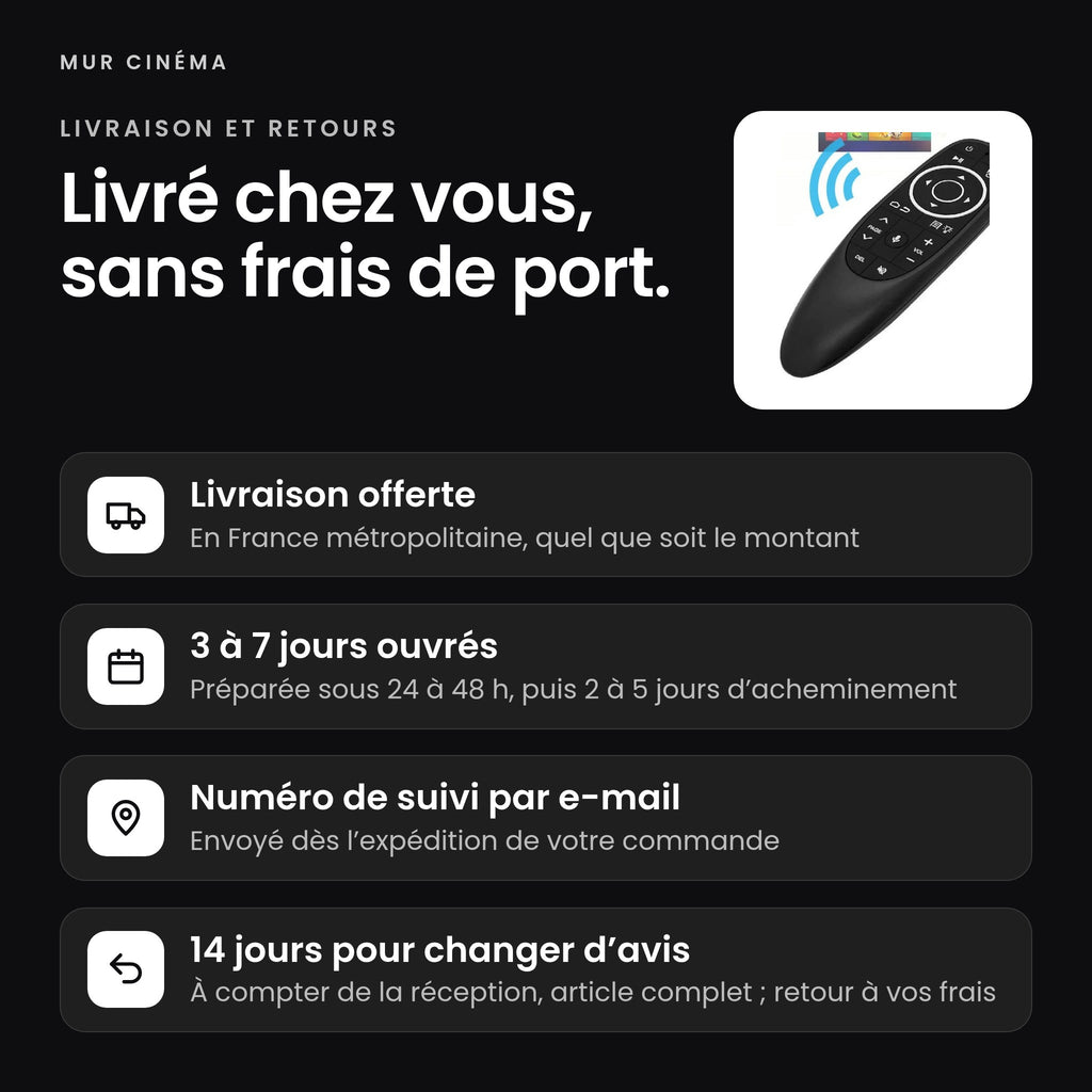 Visuel Mur Cinéma : livraison offerte en France métropolitaine, 3 à 7 jours ouvrés, suivi par e-mail, 14 jours pour changer d'avis