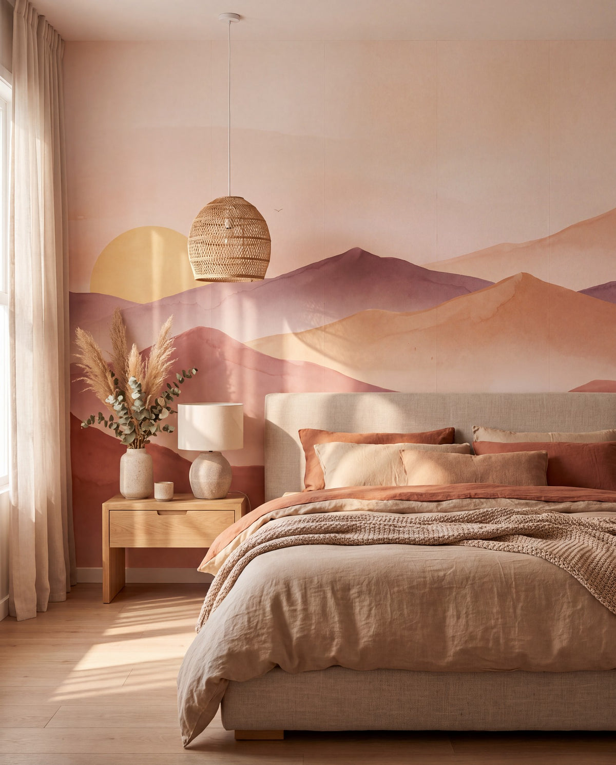 Papier peint panoramique Montagnes terracotta dans une chambre, mise en situation