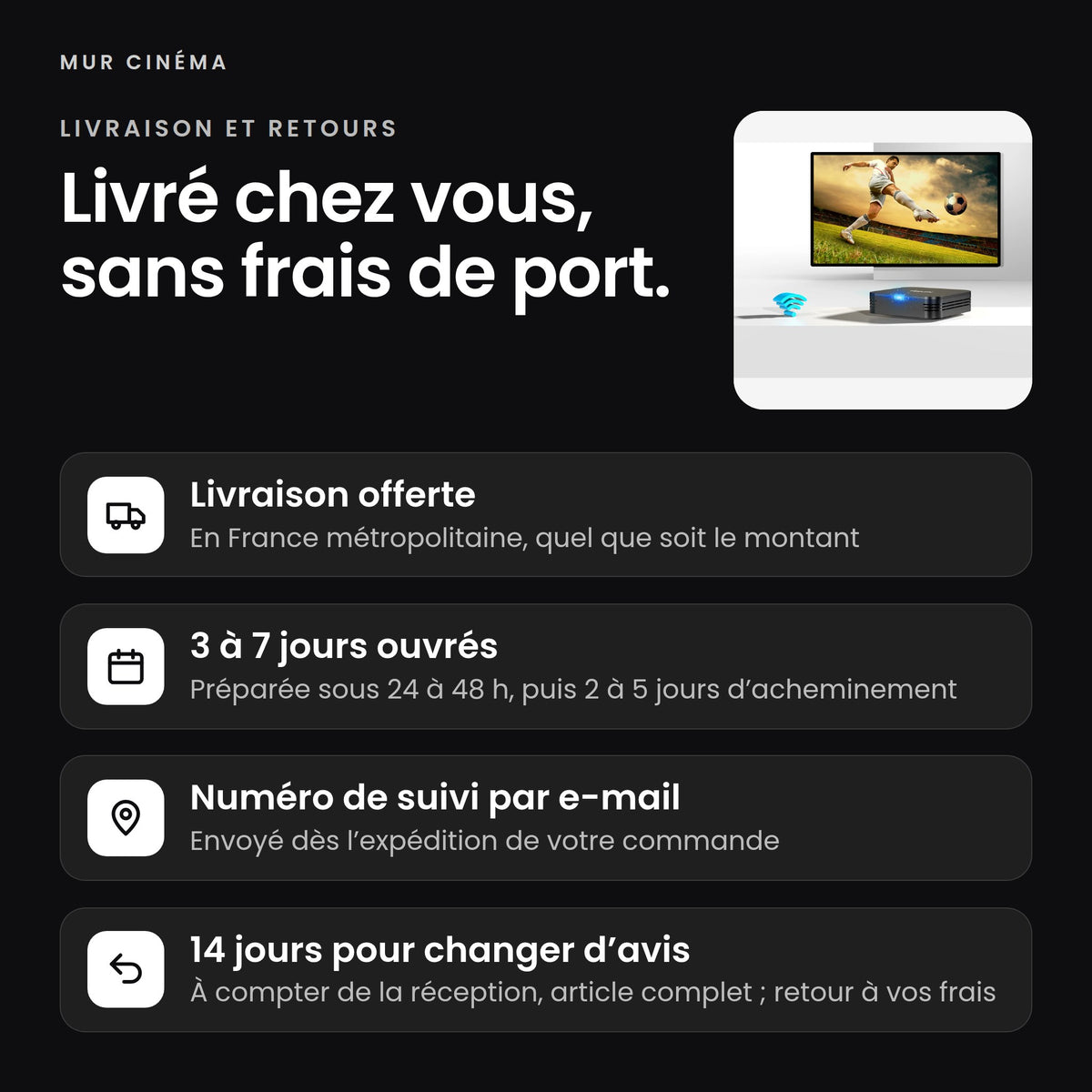 Visuel Mur Cinéma : livraison offerte, suivi par e-mail et 14 jours pour changer d'avis