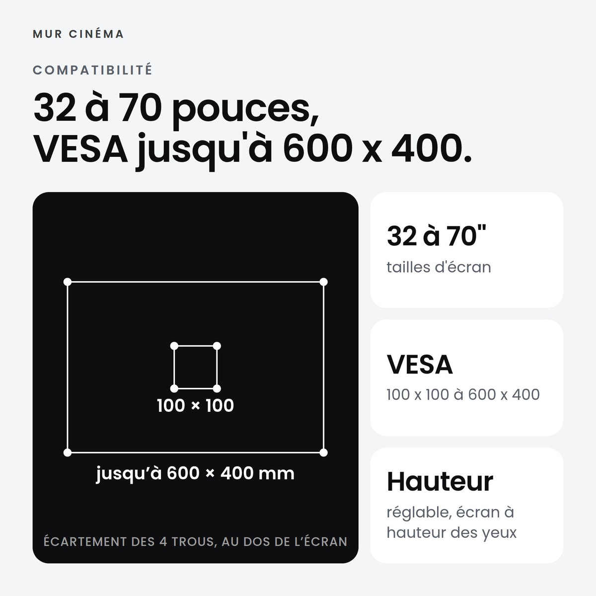 Visuel Mur Cinéma : 32 à 70 pouces, VESA jusqu'à 600 x 400