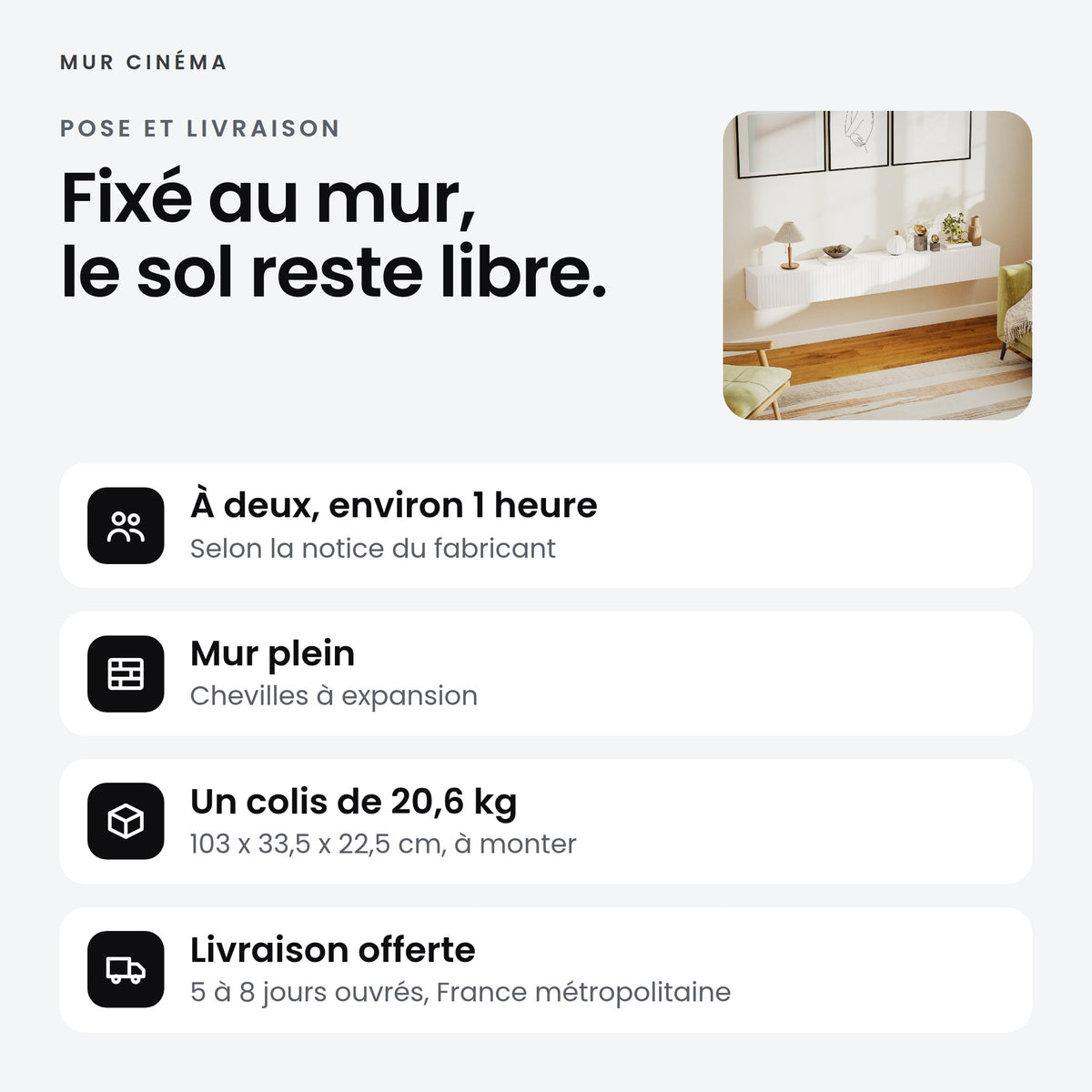 Visuel Mur Cinéma : Fixé au mur, le sol reste libre