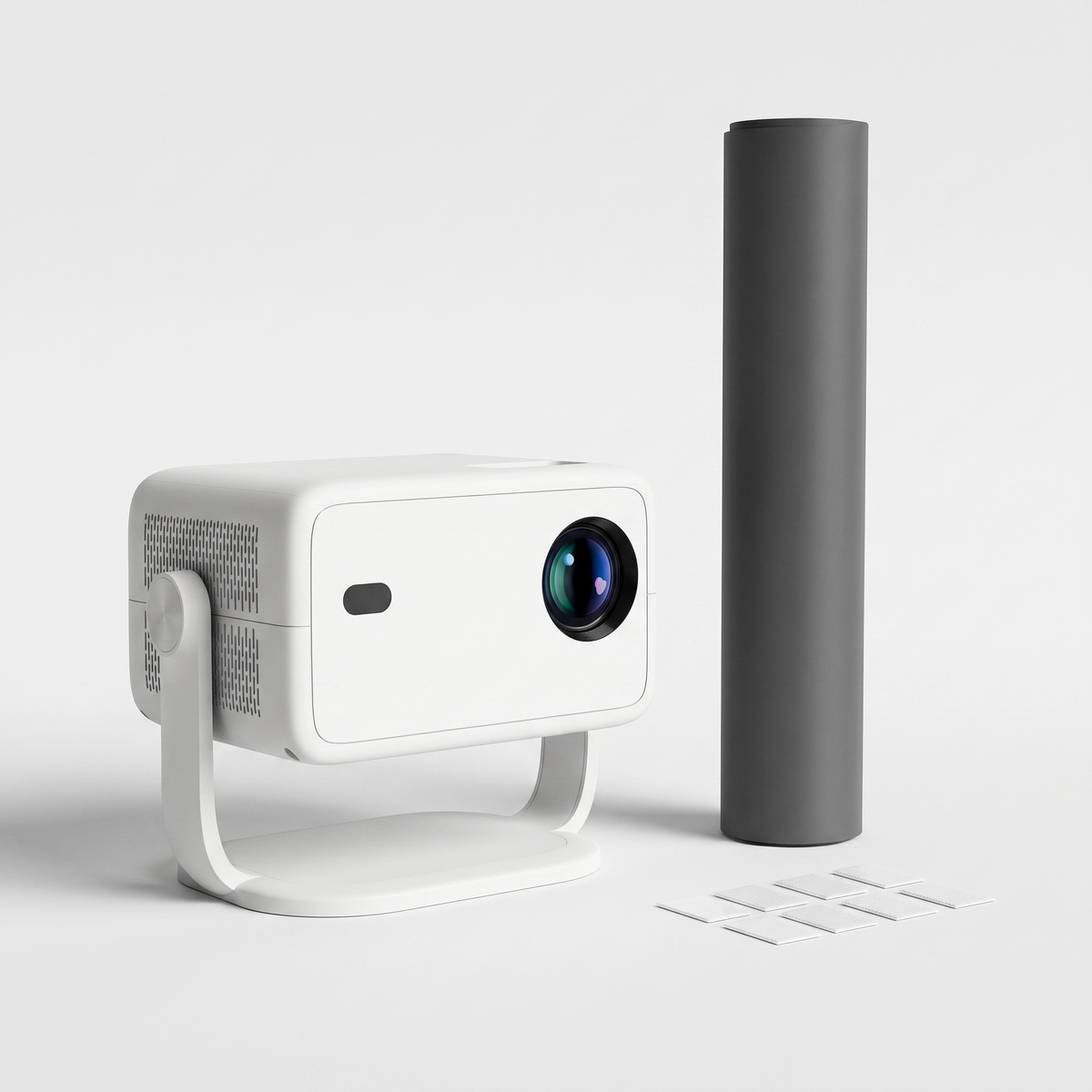 Le vidéoprojecteur L018 et sa toile grise roulée, avec les velcros adhésifs fournis Image