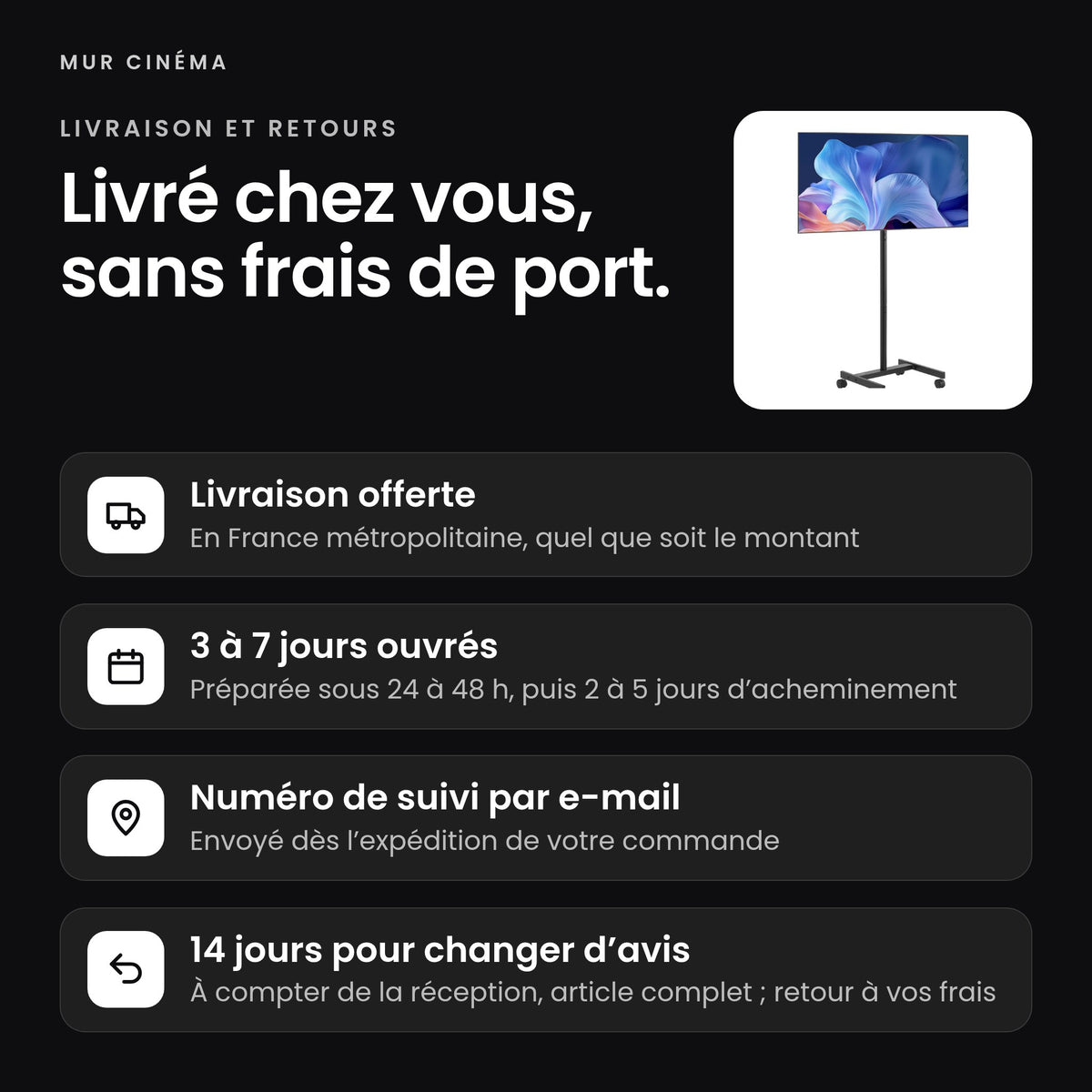 Visuel Mur Cinéma : livraison offerte, suivi par e-mail et 14 jours pour changer d'avis