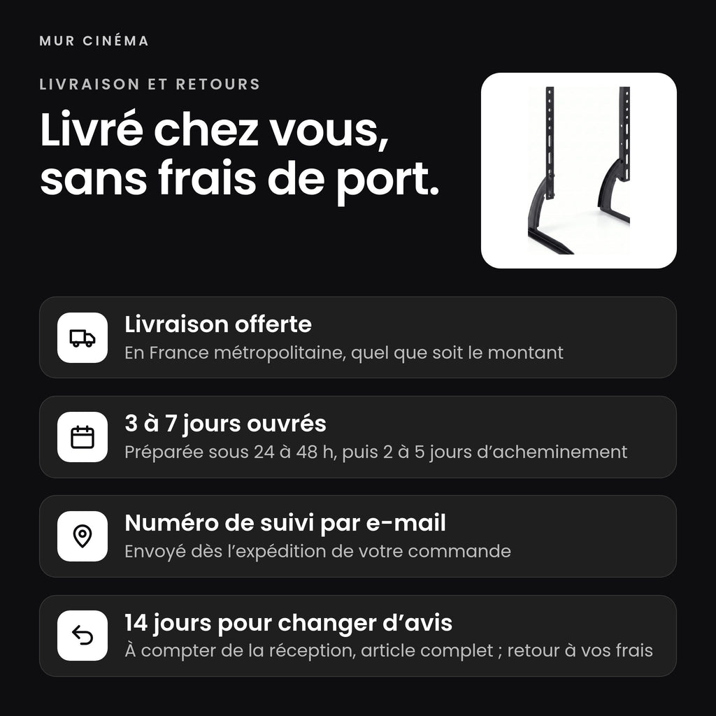 Visuel Mur Cinéma : livraison offerte, suivi par e-mail et 14 jours pour changer d'avis