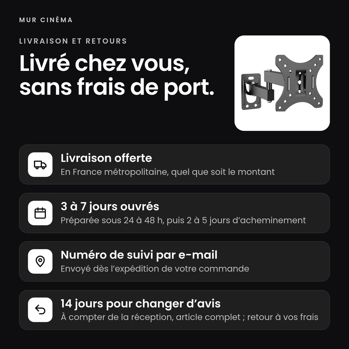 Visuel Mur Cinéma : livraison offerte, suivi par e-mail et 14 jours pour changer d'avis