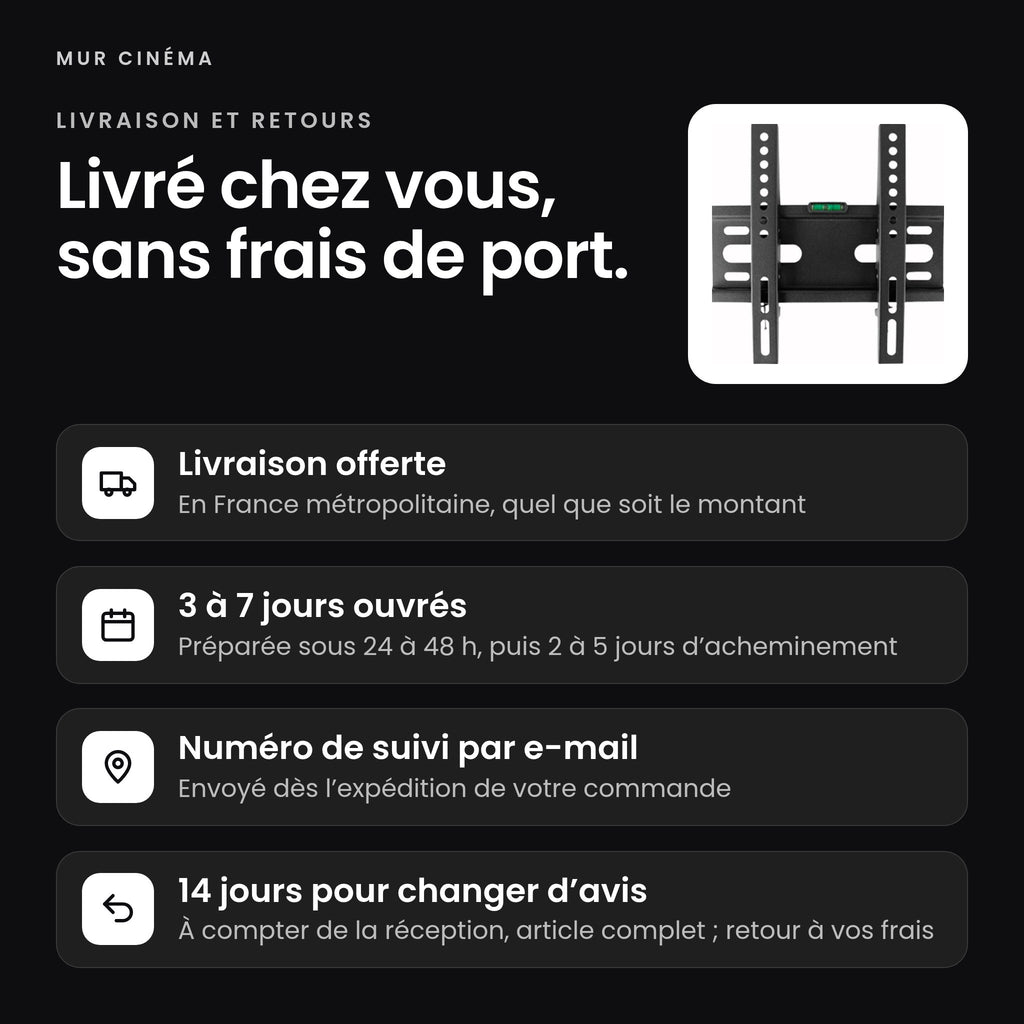 Visuel Mur Cinéma : livraison offerte, suivi par e-mail et 14 jours pour changer d'avis