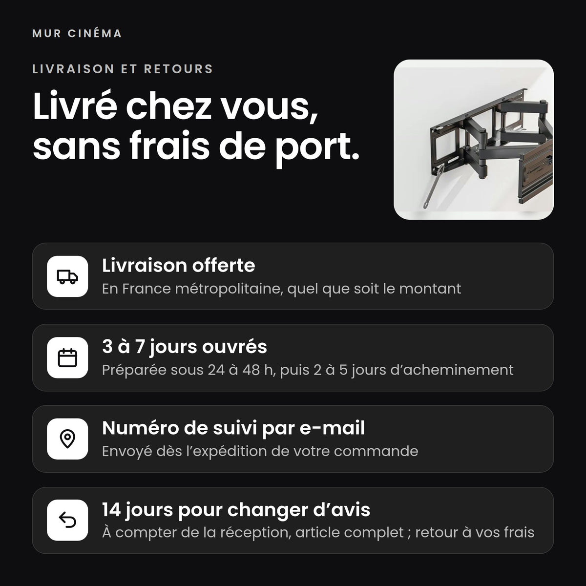 Visuel Mur Cinéma : livraison offerte, suivi par e-mail et 14 jours pour changer d'avis