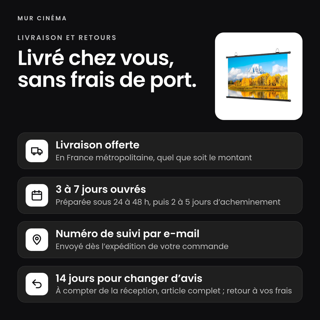 Visuel Mur Cinéma : livraison offerte, suivi par e-mail et 14 jours pour changer d'avis