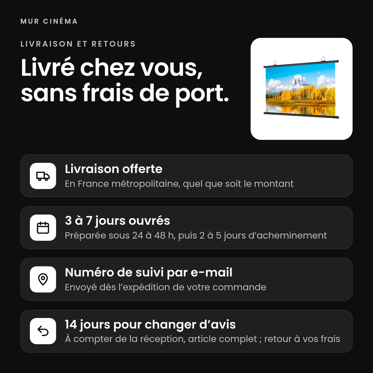 Visuel Mur Cinéma : livraison offerte, suivi par e-mail et 14 jours pour changer d'avis