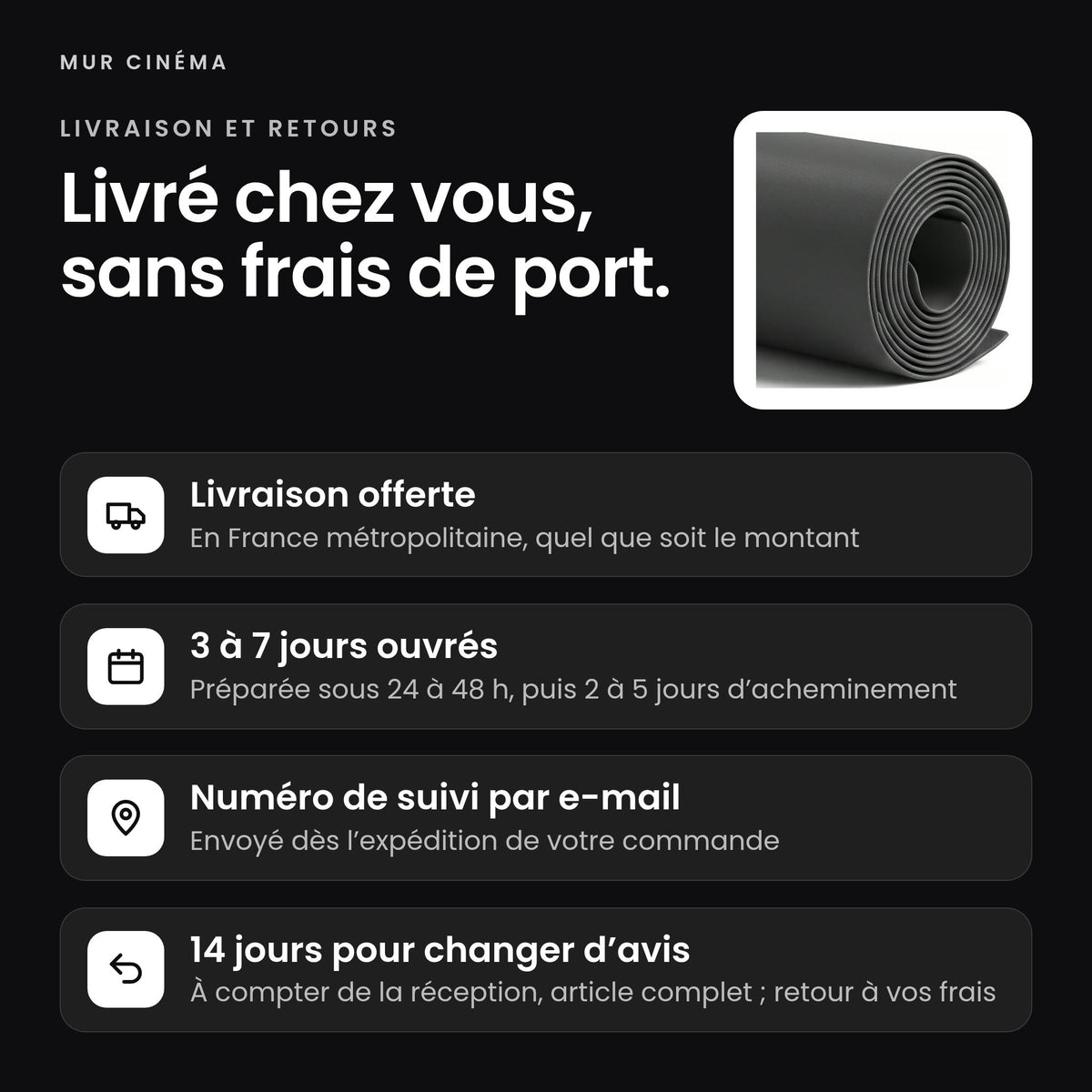 Visuel Mur Cinéma : livraison offerte, suivi par e-mail et 14 jours pour changer d'avis